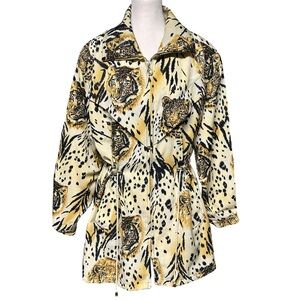Vintage Animal Print Jungle Cats Cinch Waist Metallic Gold Trench Coat Size 2X*